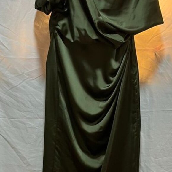 After Six “Nathalie” Ruched One-Shoulder Satin Gown – Size L (Olive Green) - Picture 6 of 16